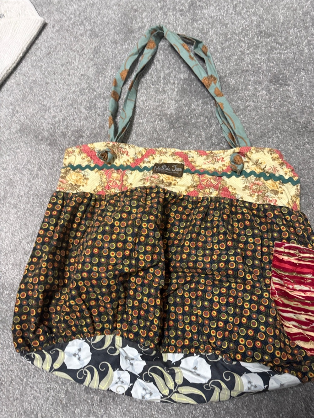 Matilda Jane Patchwork Boho Tote in Teal, Brown, Cream, Red